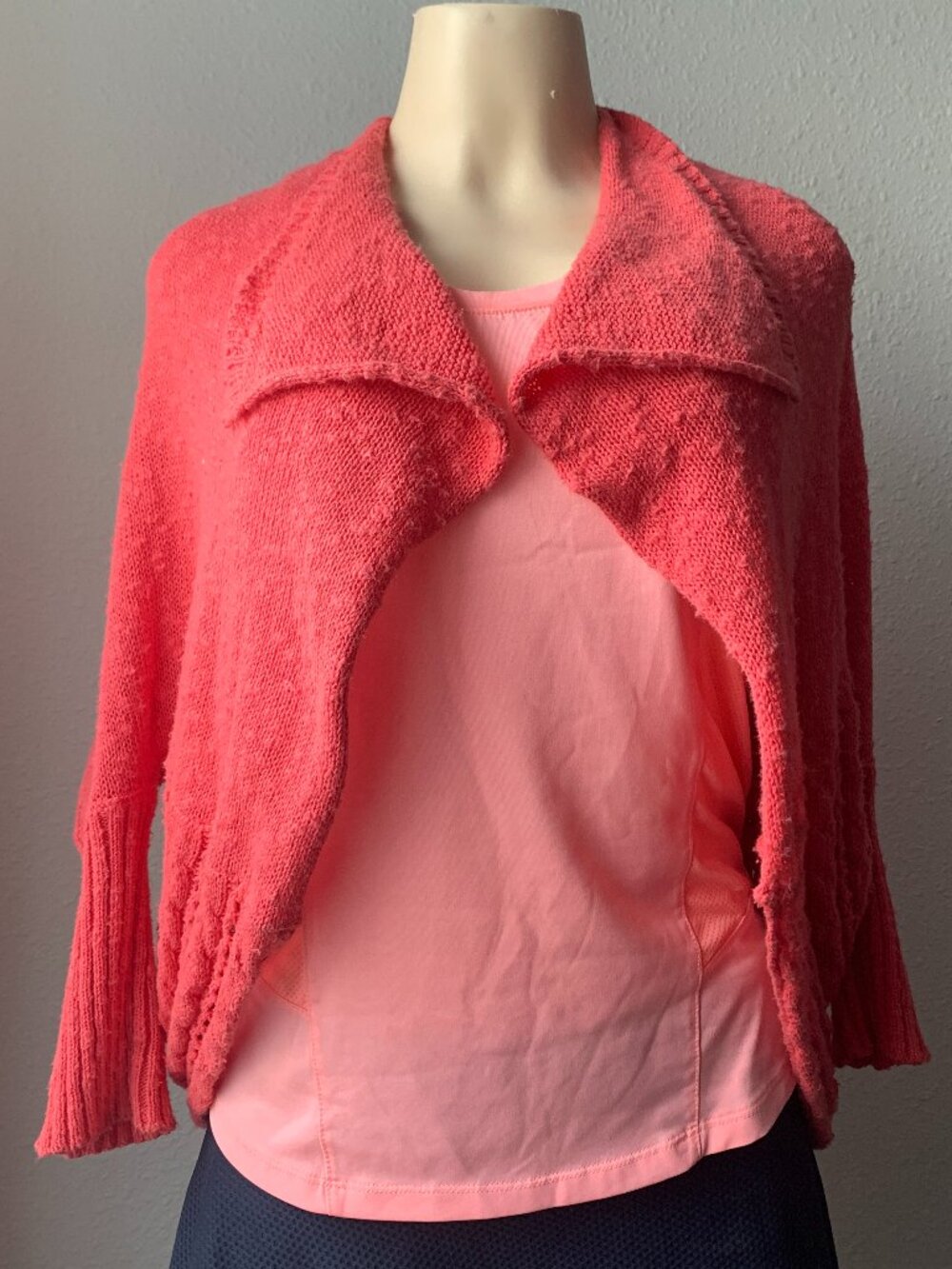 Womens Coral Pink Open Front Knit Cardigan Shrug Sweater Crochet S 100% Cotton